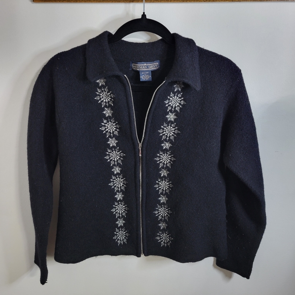 Vintage Herman Geist 100% Wool Black Zip Sweater Jacket Winter Snowflakes, Sz L